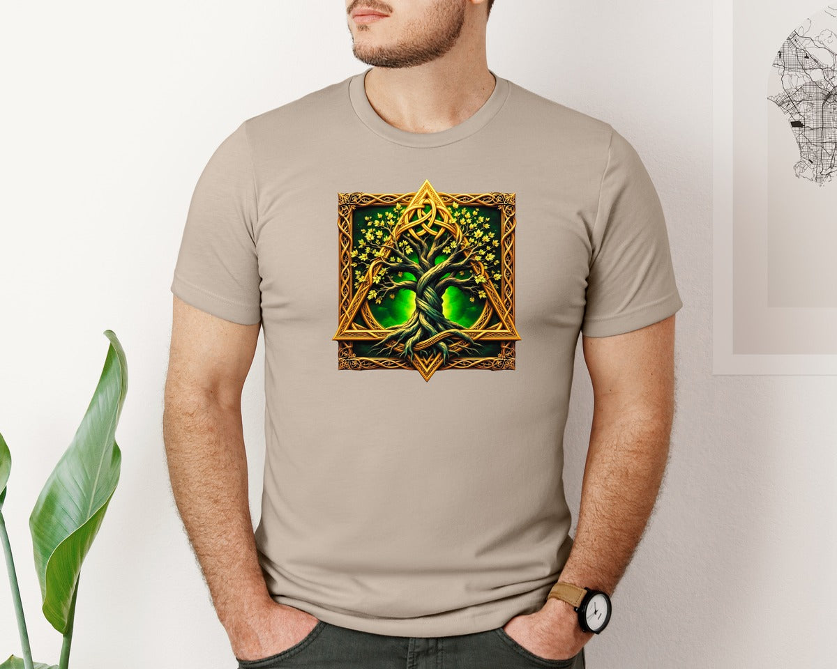 brand:Bella Canvas|color:Heather Tan|Celtic Tree Of Life Mystical Tree Graphic T-Shirt