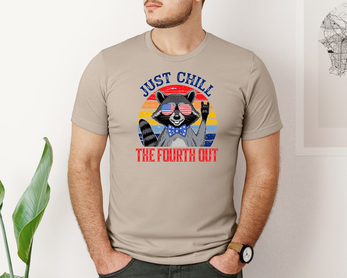 brand:Bella Canvas|color:Heather Tan|Retro Raccoon 4Th Of July Chill Vibes Graphic T-Shirt