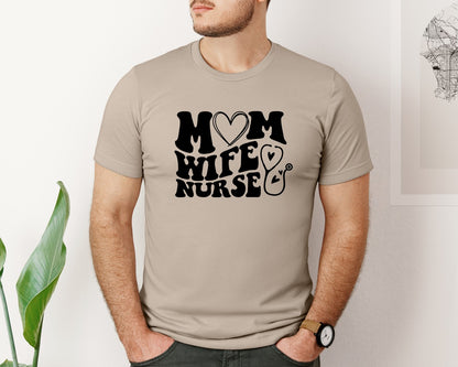brand:Bella Canvas|color:Heather Tan|Mom Wife Nurse Wavy Graphic T-Shirt
