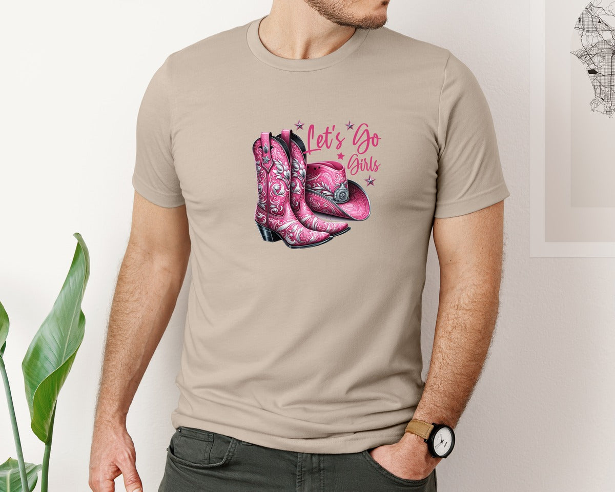 brand:Bella Canvas|color:Heather Tan|Lets Go Girls Cowgirl Boots 2 Graphic T-Shirt