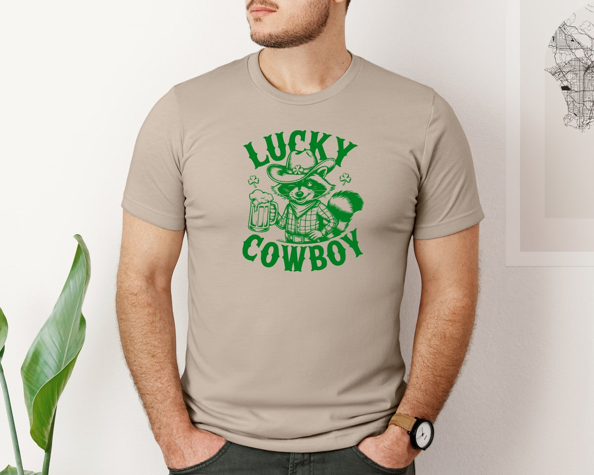 brand:Bella Canvas|color:Heather Tan|Lucky Cowboy Funny St Patricks Day Graphic T-Shirt