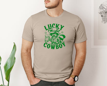 brand:Bella Canvas|color:Heather Tan|Lucky Cowboy Funny St Patricks Day Graphic T-Shirt