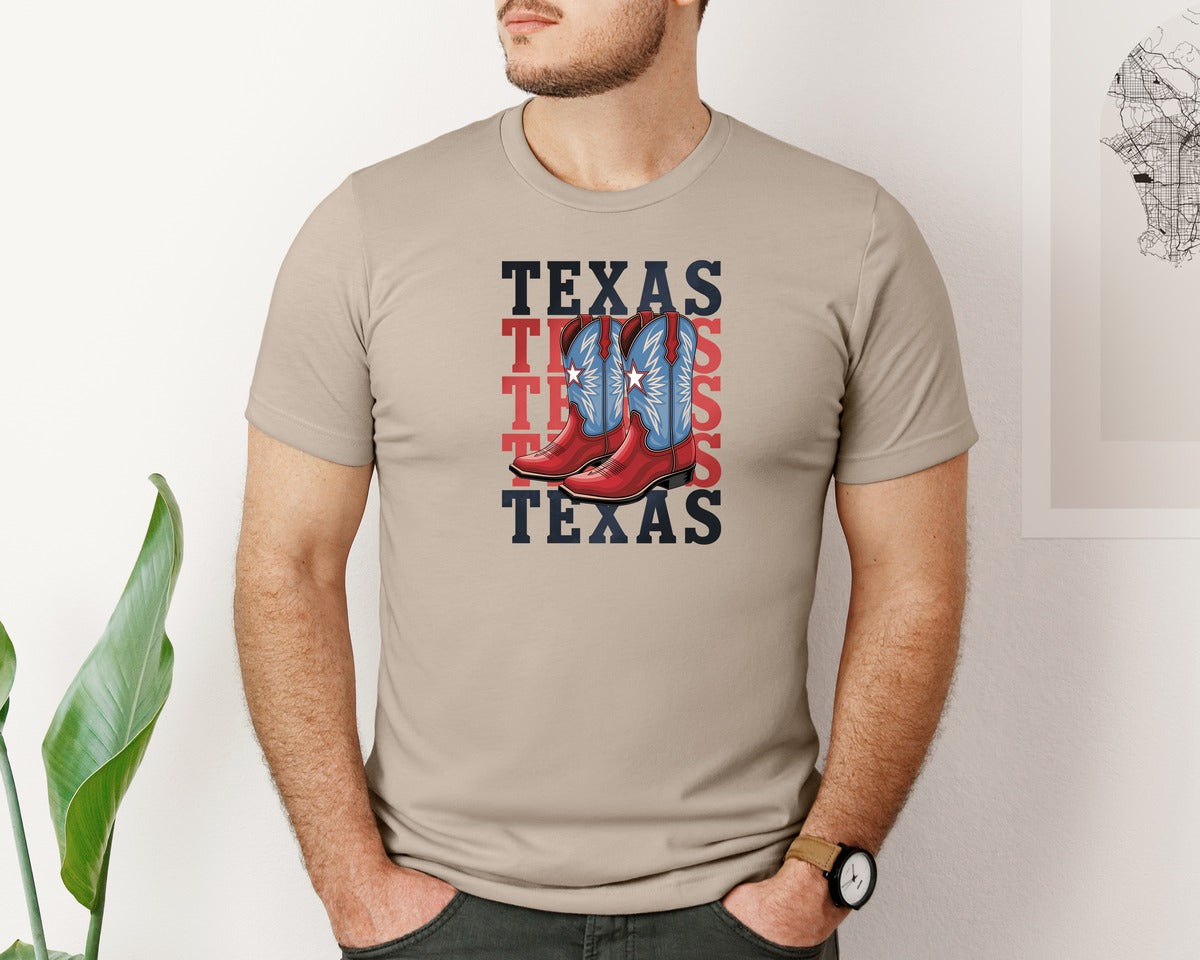 brand:Bella Canvas|color:Heather Tan|Texas Cowboy Boots Western Rodeo 4 Graphic T-Shirt