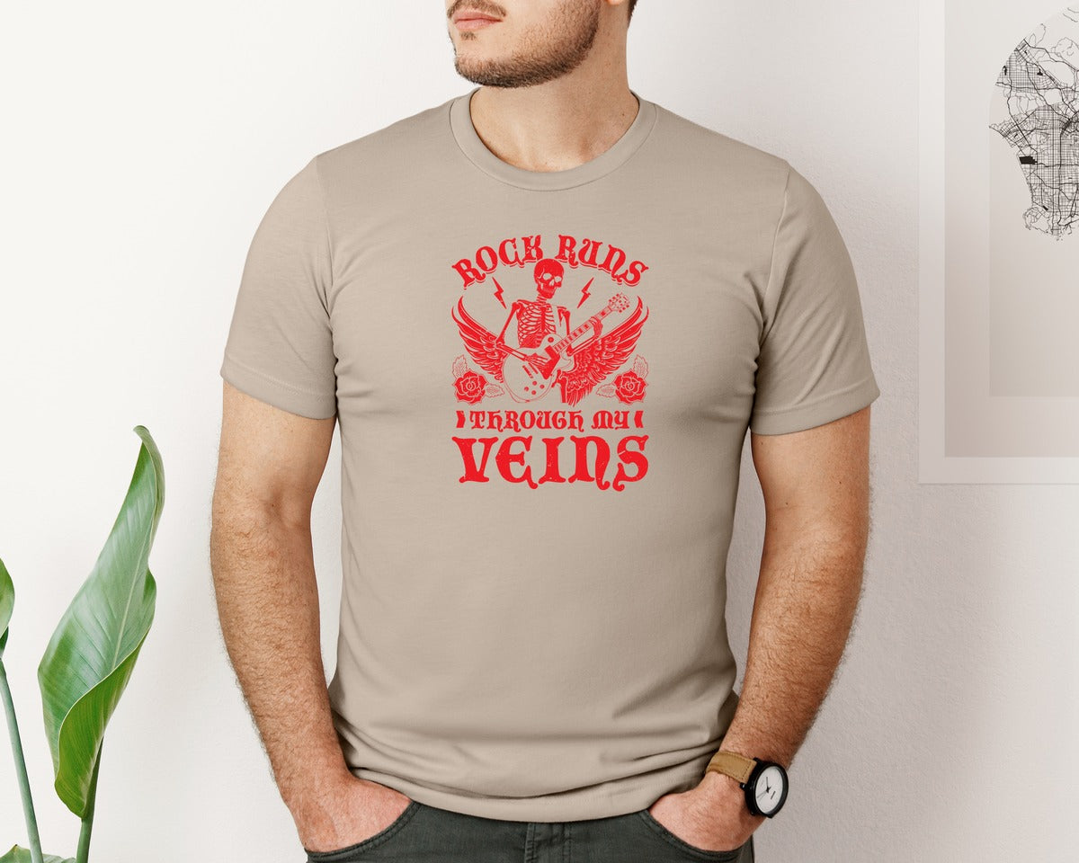 brand:Bella Canvas|color:Heather Tan|Rock Runs Through My Veins Design Graphic T-Shirt