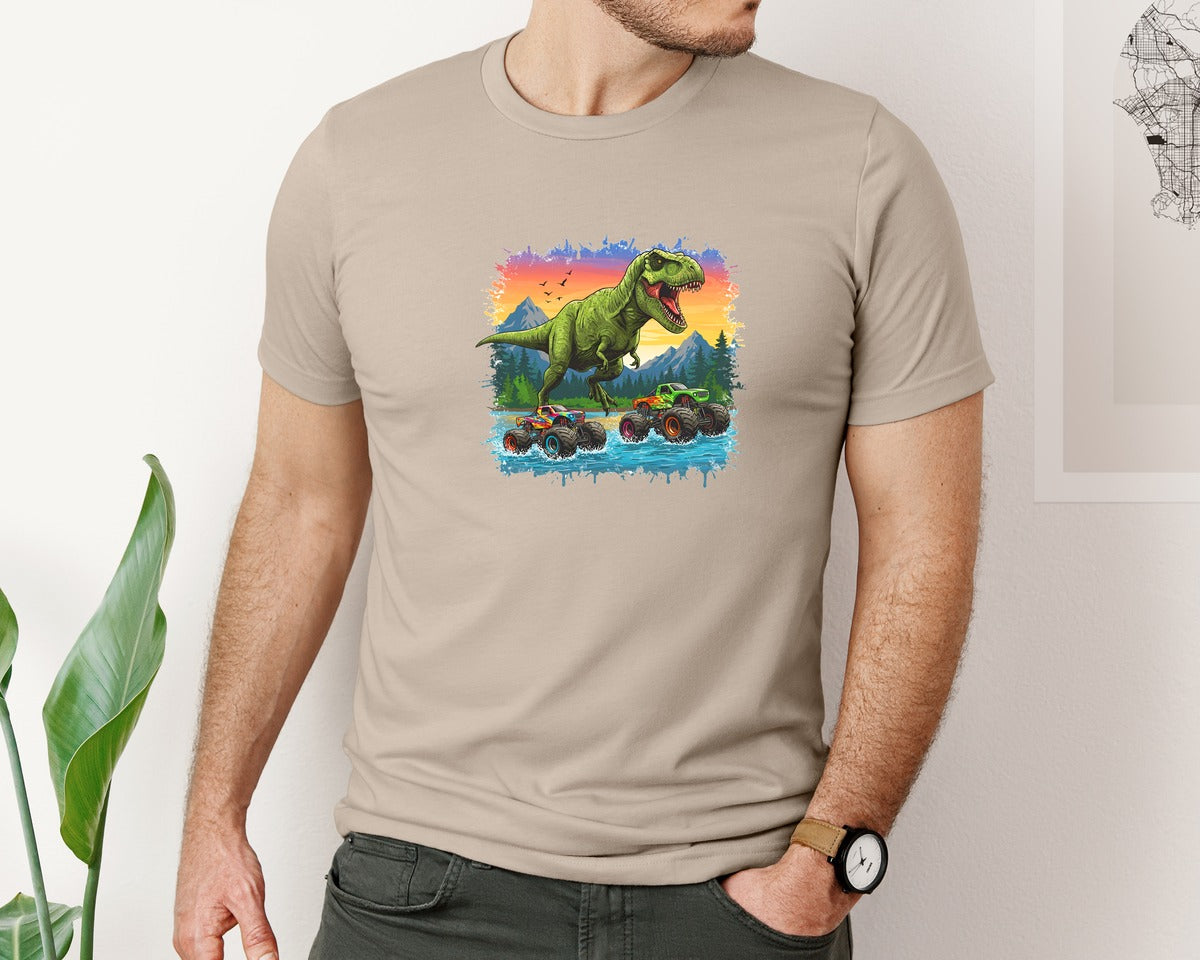 brand:Bella Canvas|color:Heather Tan|Dinosaur Monster Truck T Rex Graphic T-Shirt