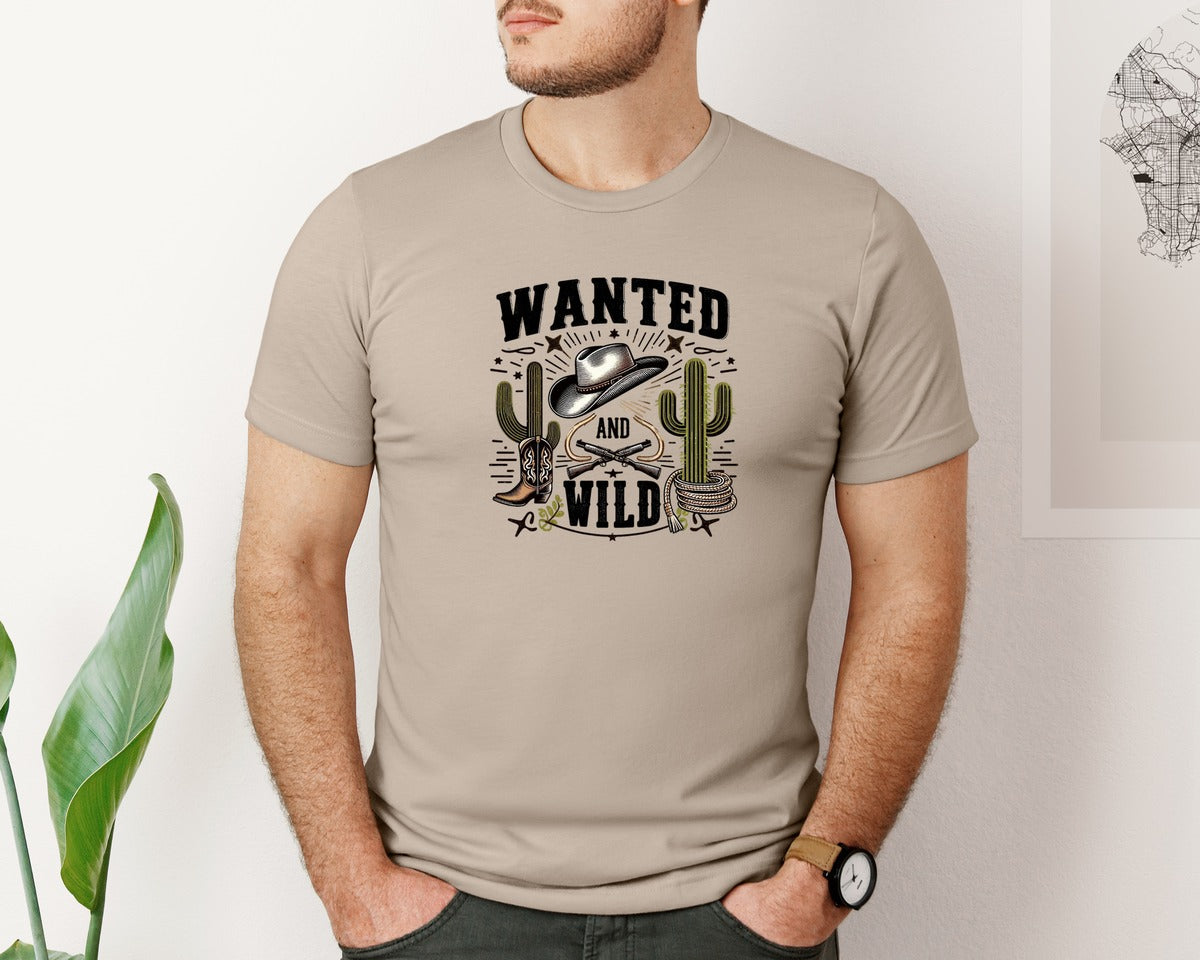 brand:Bella Canvas|color:Heather Tan|Western Wanted And Wild T Shirt Graphic T-Shirt