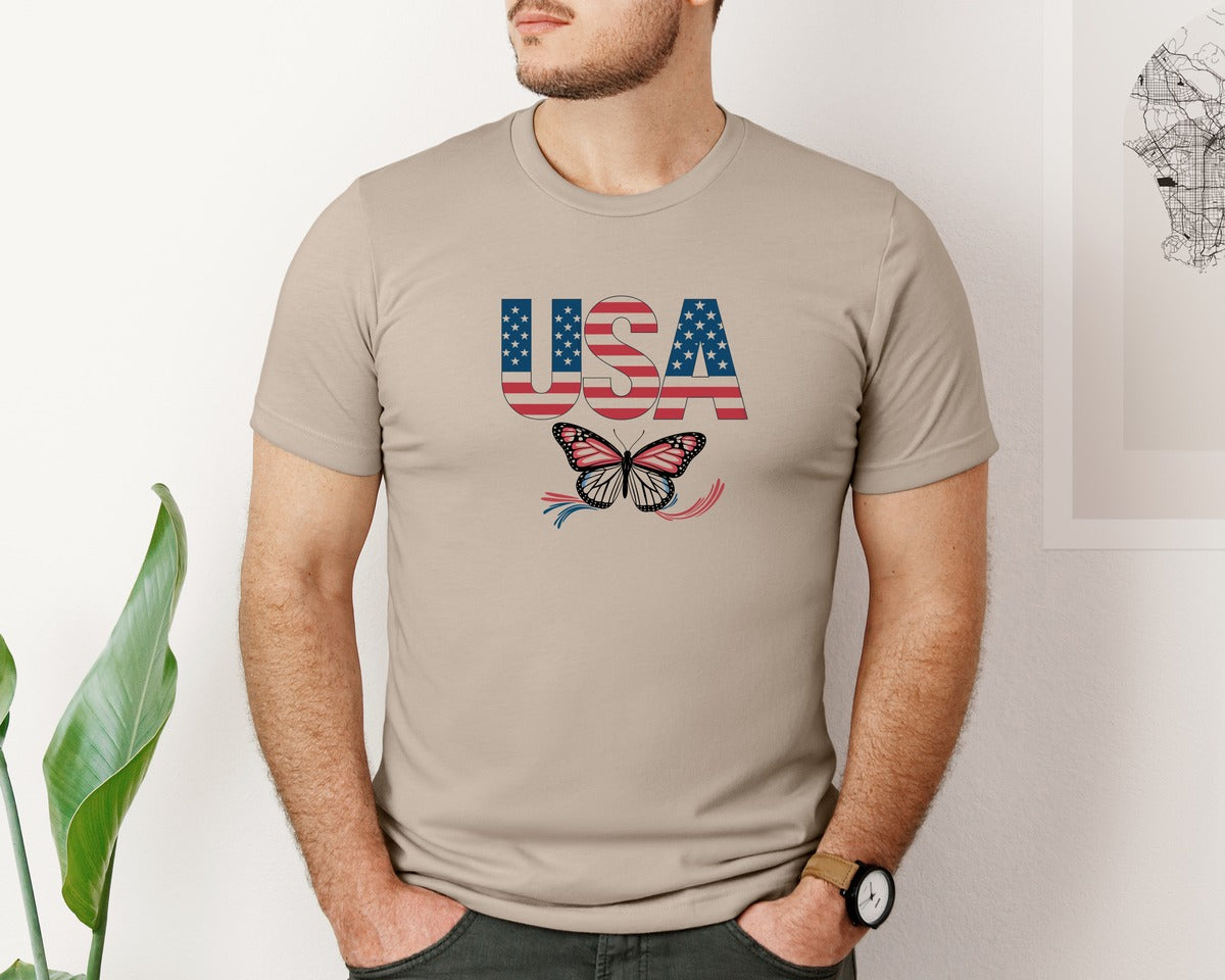 brand:Bella Canvas|color:Heather Tan|Usa Butterfly Patriotic Graphic T-Shirt