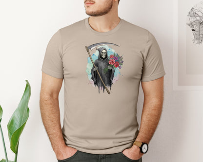 brand:Bella Canvas|color:Heather Tan|Grim Reaper With Flowers Gothic Graphic T-Shirt