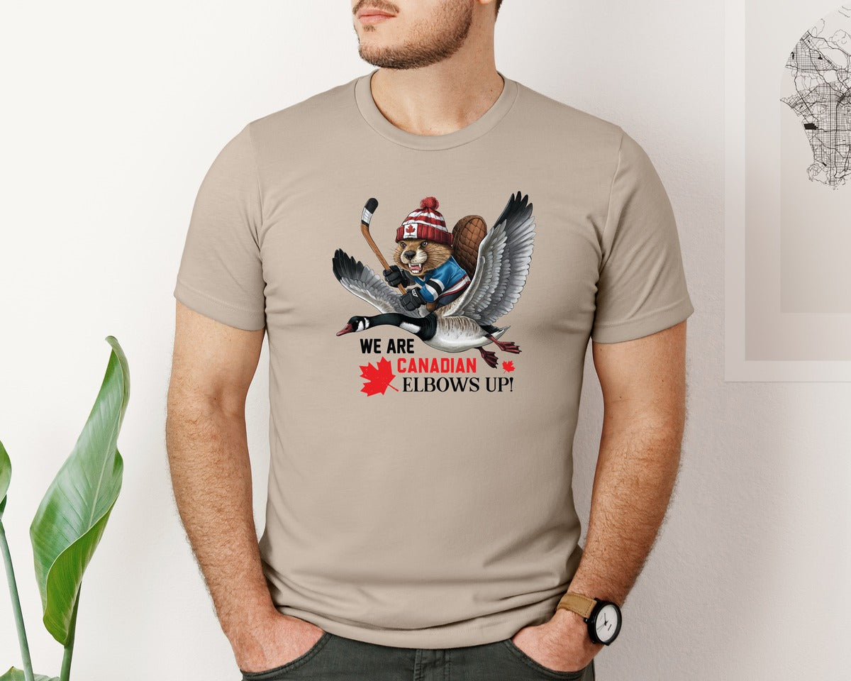 brand:Bella Canvas|color:Heather Tan|We Are Canada Elbows Up 2 Graphic T-Shirt
