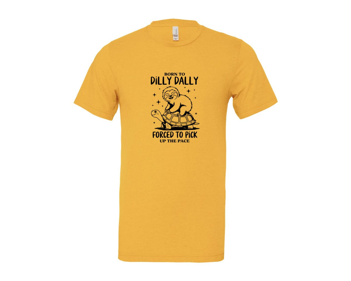 brand:Bella Canvas|color:Heather Yellow Gold|Born To Dilly Dally Funny Sloth Graphic T-Shirt
