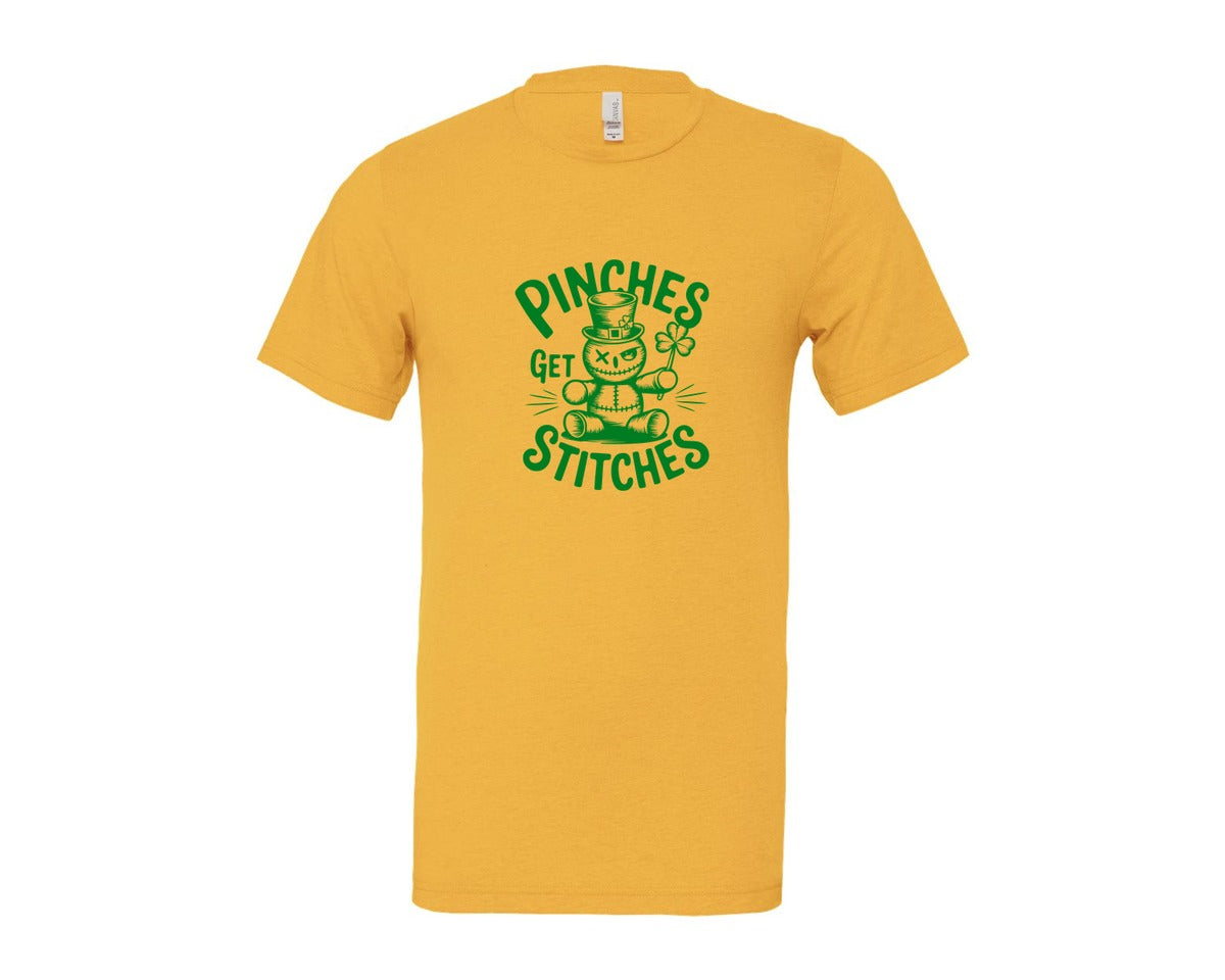 brand:Bella Canvas|color:Heather Yellow Gold|Pinches Get Stitches Funny St Patri Graphic T-Shirt