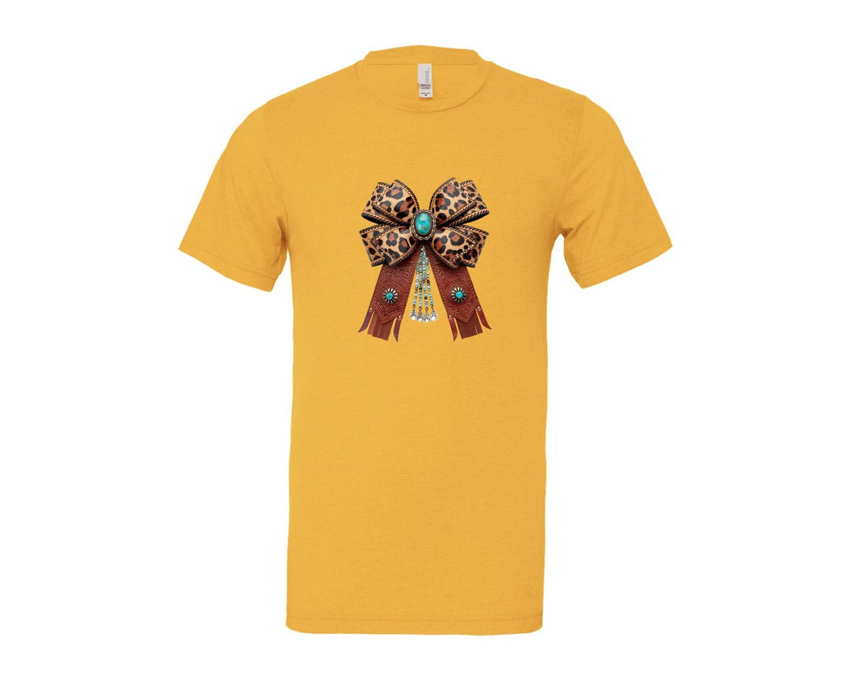 brand:Bella Canvas|color:Heather Yellow Gold|Western Leopard Bow Coquette Cowgirl 2 Graphic T-Shirt