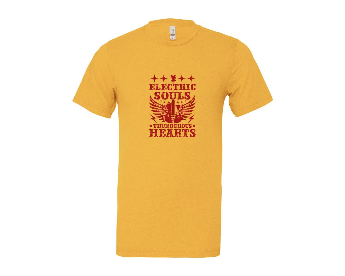 brand:Bella Canvas|color:Heather Yellow Gold|Electric Souls Thunderous Hearts Graphic T-Shirt