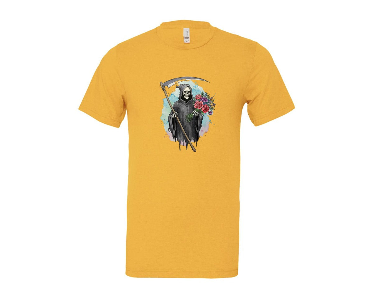 brand:Bella Canvas|color:Heather Yellow Gold|Grim Reaper With Flowers Gothic Graphic T-Shirt