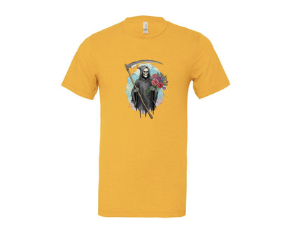 brand:Bella Canvas|color:Heather Yellow Gold|Grim Reaper With Flowers Gothic Graphic T-Shirt