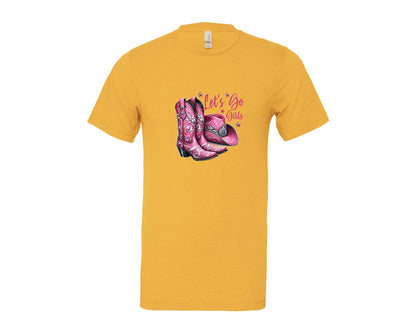 brand:Bella Canvas|color:Heather Yellow Gold|Lets Go Girls Cowgirl Boots 2 Graphic T-Shirt