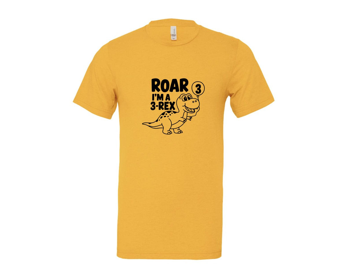 brand:Bella Canvas|color:Heather Yellow Gold|3 Rex Dinosaur Birthday Graphic T-Shirt