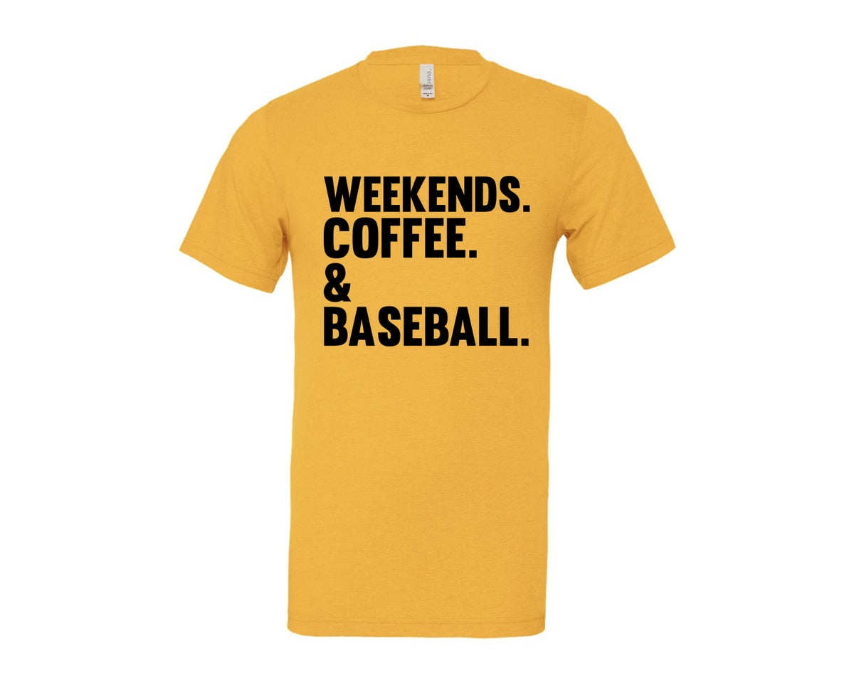 brand:Bella Canvas|color:Heather Yellow Gold|Weekends Coffee Baseball Tshirt Design Graphic T-Shirt