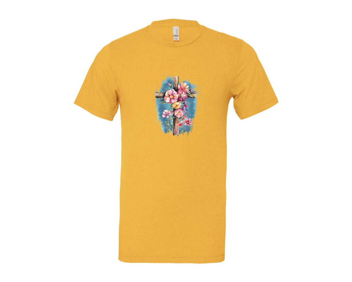 brand:Bella Canvas|color:Heather Yellow Gold|Floral Christian Cross Graphic T-Shirt