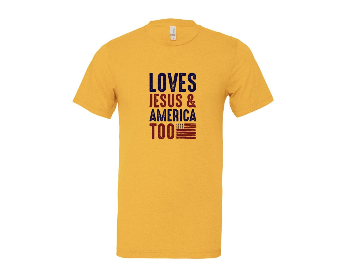 brand:Bella Canvas|color:Heather Yellow Gold|Loves Jesus And America Too Jesus Graphic T-Shirt