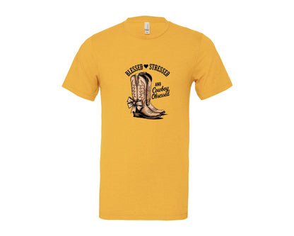 brand:Bella Canvas|color:Heather Yellow Gold|Blessed Stressed Mom Western Mothers Day 2 Graphic T-Shirt