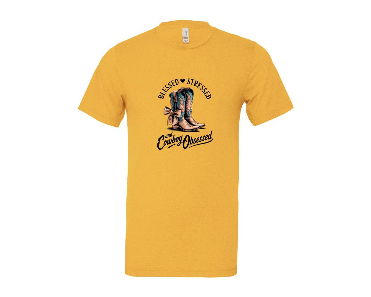 brand:Bella Canvas|color:Heather Yellow Gold|Blessed Stressed Mom Western Mothers Day 3 Graphic T-Shirt