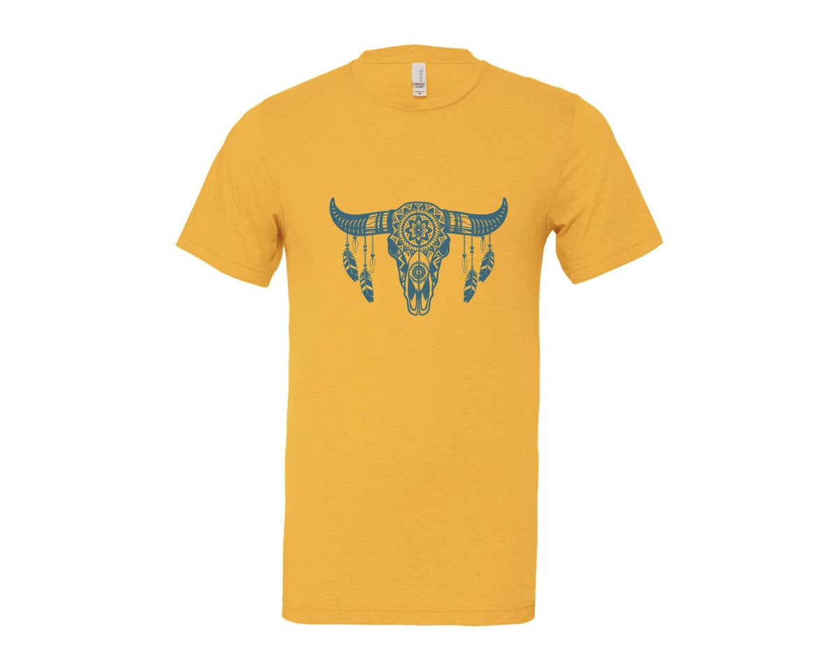 brand:Bella Canvas|color:Heather Yellow Gold|Western Bull Skull Aztec Boho Longhorn Graphic T-Shirt