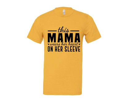 brand:Bella Canvas|color:Heather Yellow Gold|This Mama Wears Her Heart On Her Sleeve 77 Graphic T-Shirt