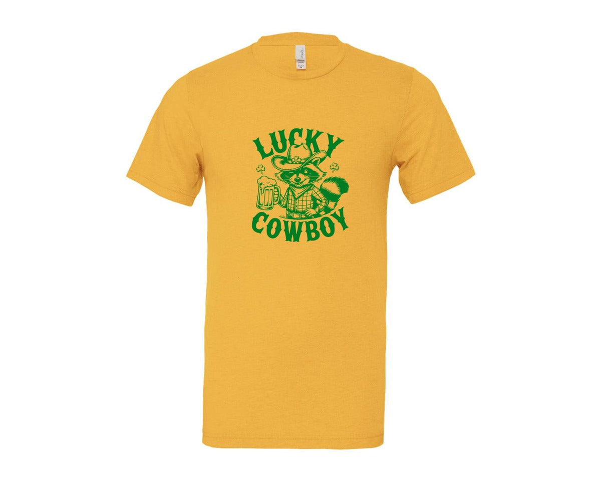 brand:Bella Canvas|color:Heather Yellow Gold|Lucky Cowboy Funny St Patricks Day Graphic T-Shirt
