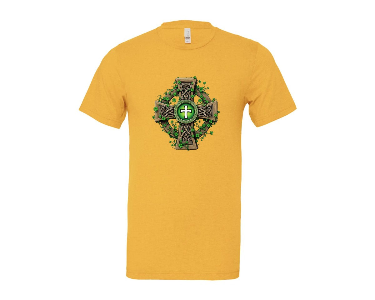 brand:Bella Canvas|color:Heather Yellow Gold|Celtic Cross With Shamrocks Irish Graphic T-Shirt