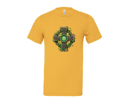 brand:Bella Canvas|color:Heather Yellow Gold|Celtic Cross With Shamrocks Irish Graphic T-Shirt