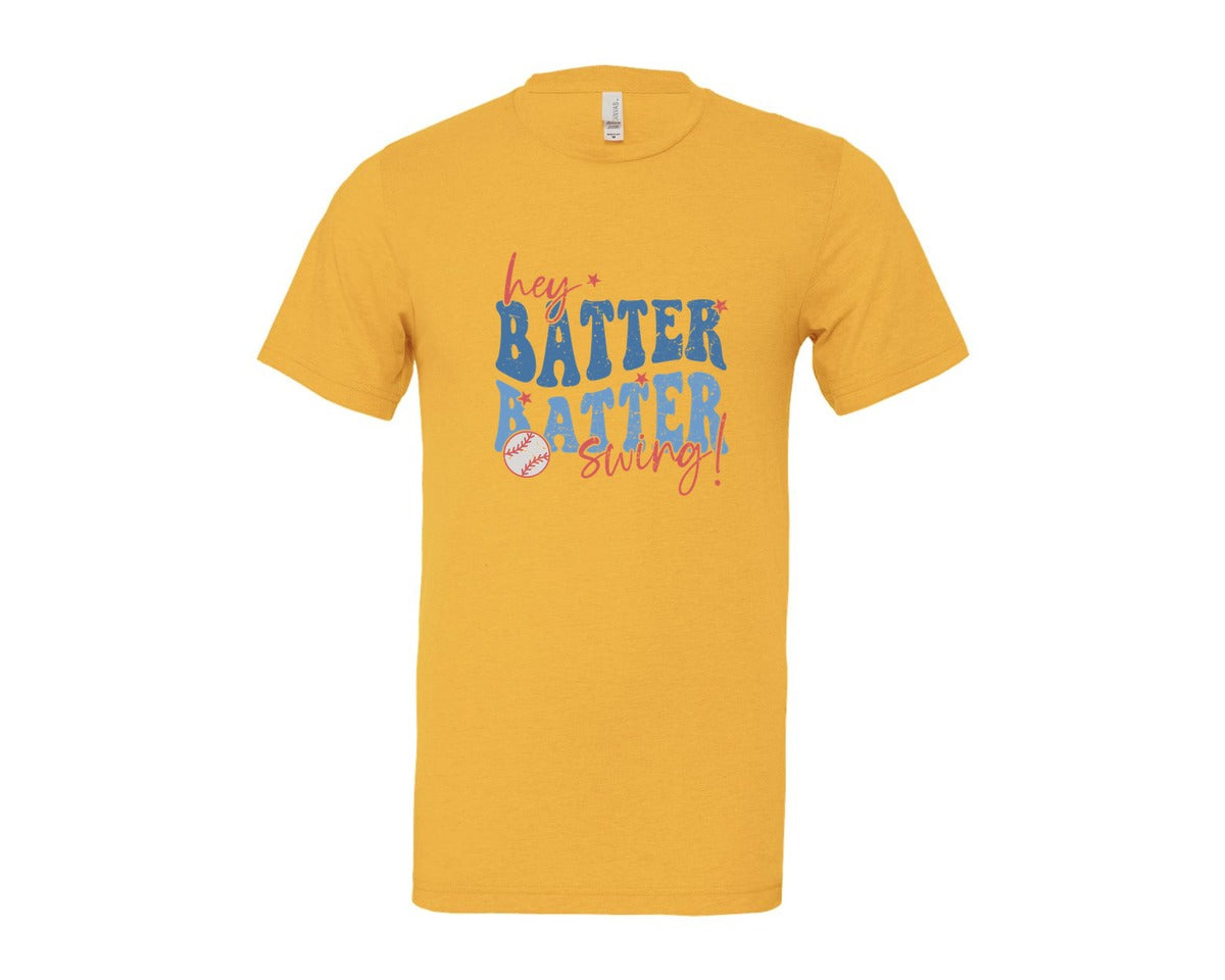 brand:Bella Canvas|color:Heather Yellow Gold|Retro Baseball Hey Batter Batter Swing Graphic T-Shirt
