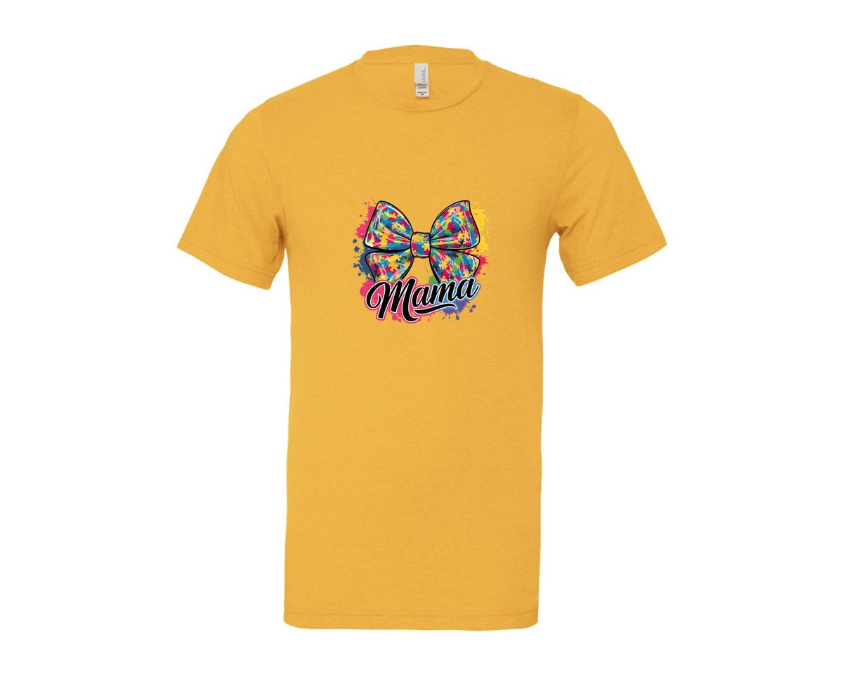 brand:Bella Canvas|color:Heather Yellow Gold|Autism Mama Colorful Puzzle Bow Art Graphic T-Shirt