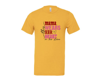 brand:Bella Canvas|color:Heather Yellow Gold|This Mama Wears Her Heart On Her Sleeve 84 Graphic T-Shirt