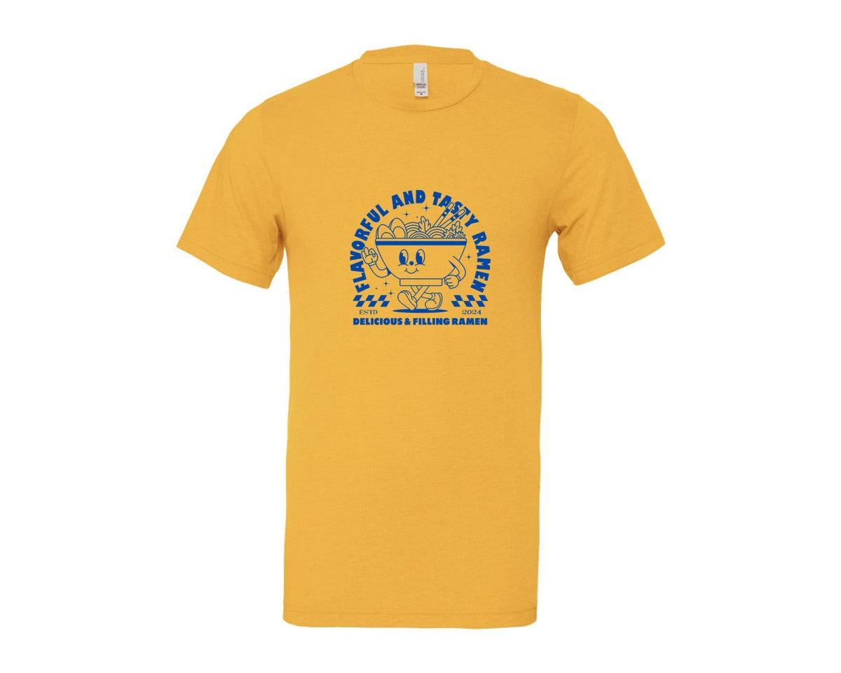brand:Bella Canvas|color:Heather Yellow Gold|Retro Ramen Noodle Cartoon Mascot Design Graphic T-Shirt