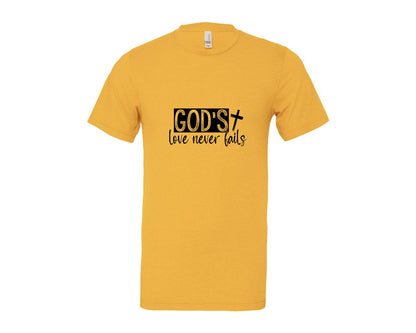brand:Bella Canvas|color:Heather Yellow Gold|Gods Love Never Fails Sleeve Design 2 Graphic T-Shirt