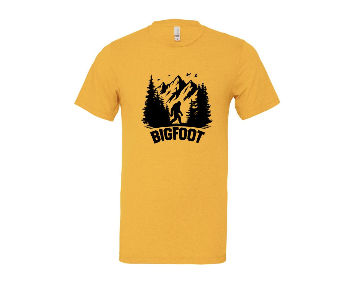 brand:Bella Canvas|color:Heather Yellow Gold|Retro Bigfoot Silhouette Pixel Art Graphic T-Shirt