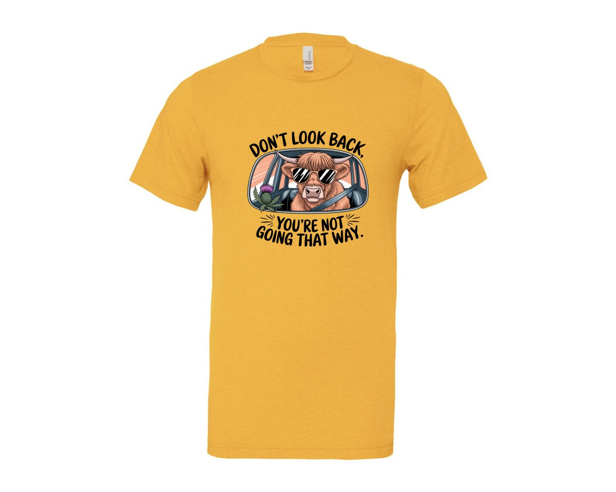 brand:Bella Canvas|color:Heather Yellow Gold|Dont Look Back Highland Cow Graphic T-Shirt