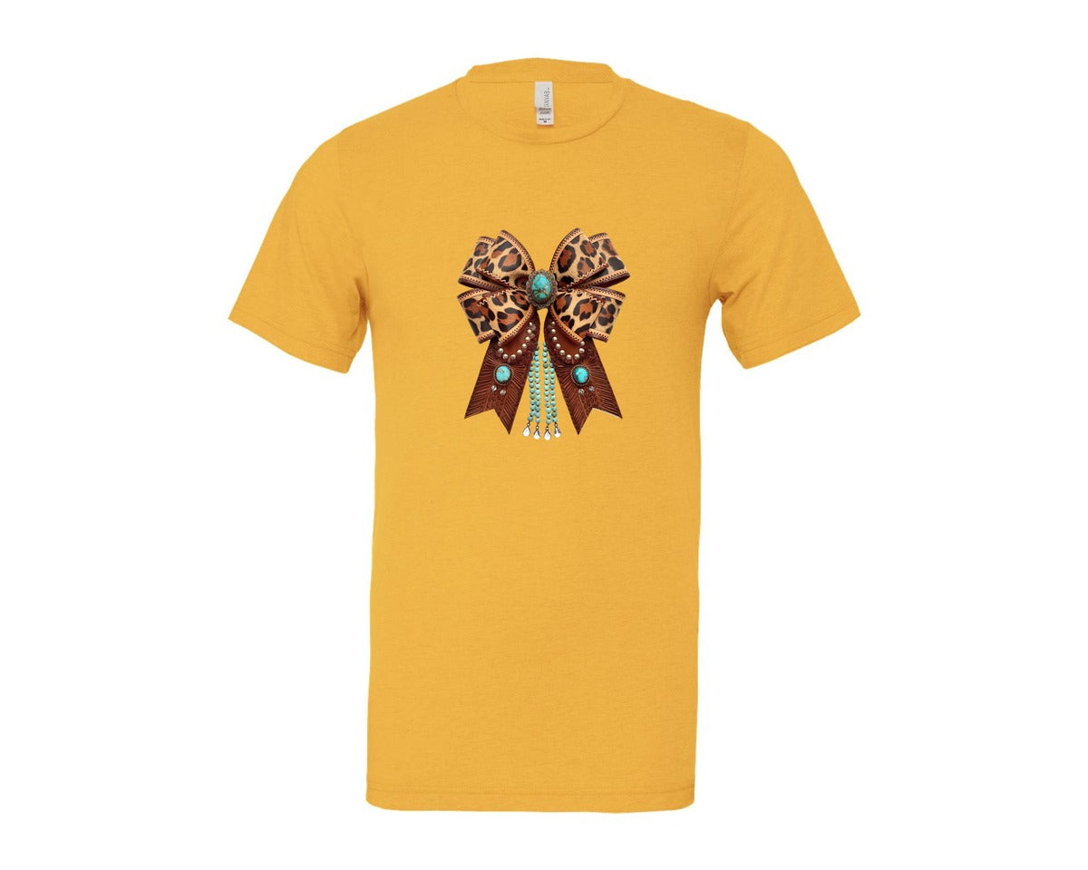 brand:Bella Canvas|color:Heather Yellow Gold|Western Leopard Bow Bohemian Coquette Graphic T-Shirt