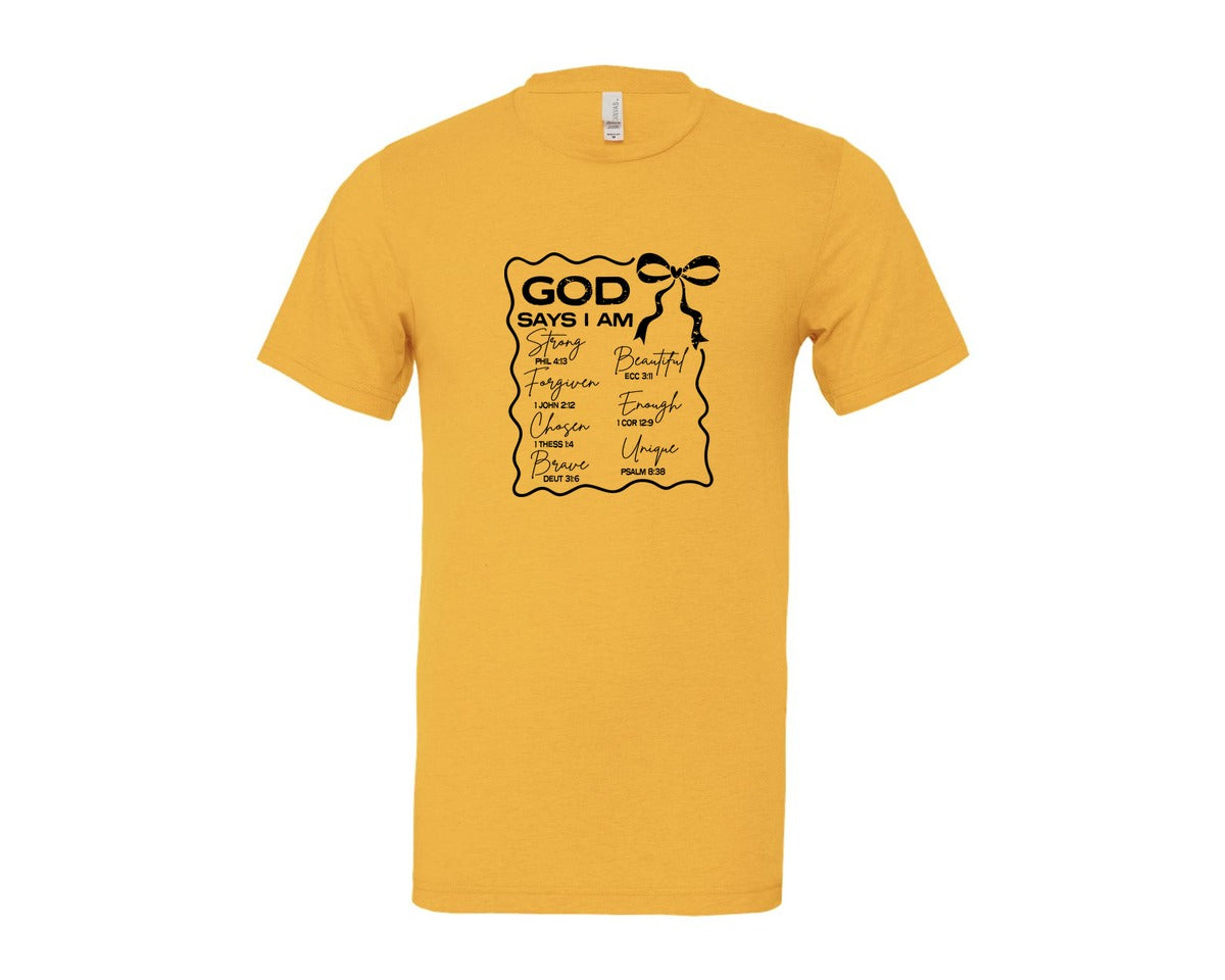 brand:Bella Canvas|color:Heather Yellow Gold|God Says I Am Coquette Christian Graphic T-Shirt
