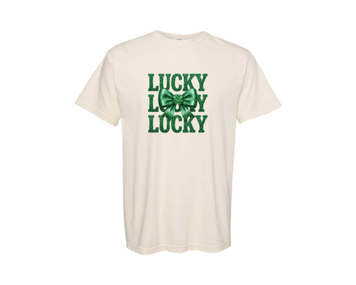 brand:Comfort Colors|color:Ivory|Lucky St Patricks Day Green Glitter Graphic T-Shirt
