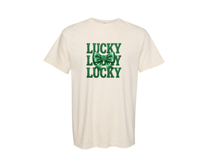 brand:Comfort Colors|color:Ivory|Lucky St Patricks Day Green Glitter Graphic T-Shirt