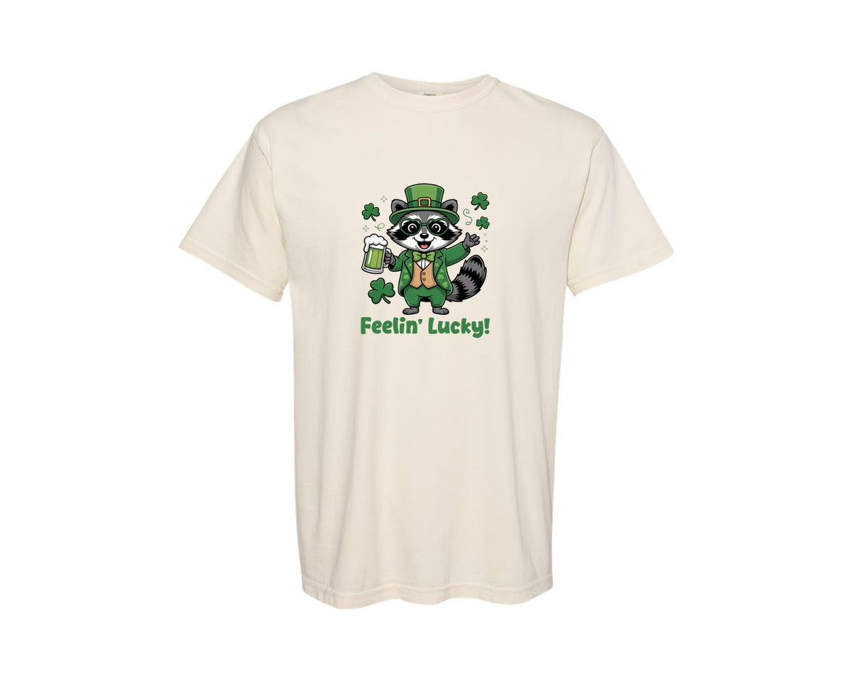 brand:Comfort Colors|color:Ivory|Feelin Lucky Raccoon Design Graphic T-Shirt