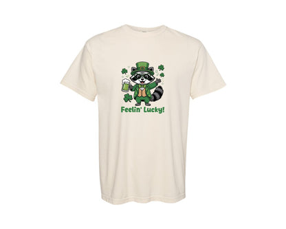 brand:Comfort Colors|color:Ivory|Feelin Lucky Raccoon Design Graphic T-Shirt