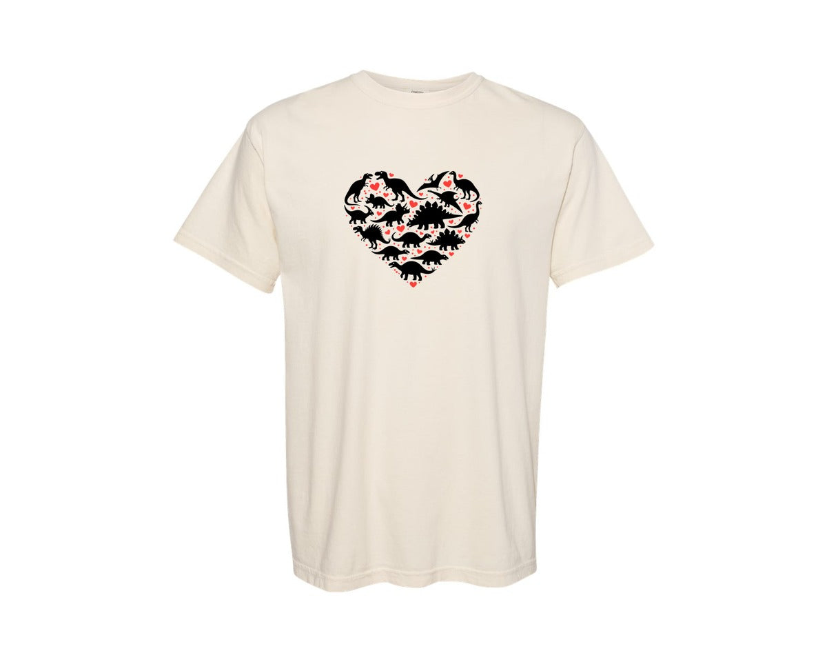 brand:Comfort Colors|color:Ivory|Valentine Day Dinosaur Heart Graphic T-Shirt