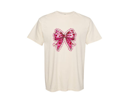 brand:Comfort Colors|color:Ivory|Pink Valentine Bow You Are Loved Graphic T-Shirt