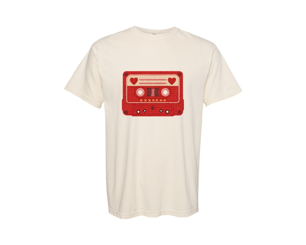 brand:Comfort Colors|color:Ivory|Faux Crochet Cassette Tape Retro Graphic T-Shirt