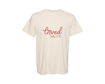brand:Comfort Colors|color:Ivory|Loved John 316 Jesus Valentine 7 Graphic T-Shirt