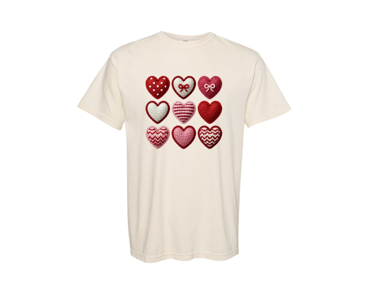 brand:Comfort Colors|color:Ivory|Crochet Faux Yarn Valentine Heart Bow Graphic T-Shirt