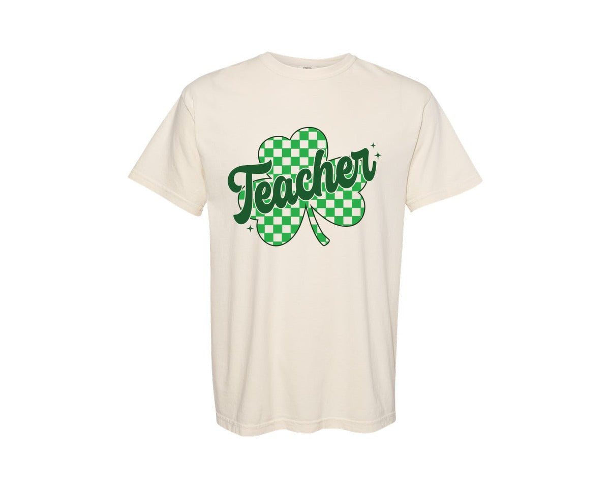 brand:Comfort Colors|color:Ivory|Teacher St Patricks Day Shamrock Lucky Graphic T-Shirt